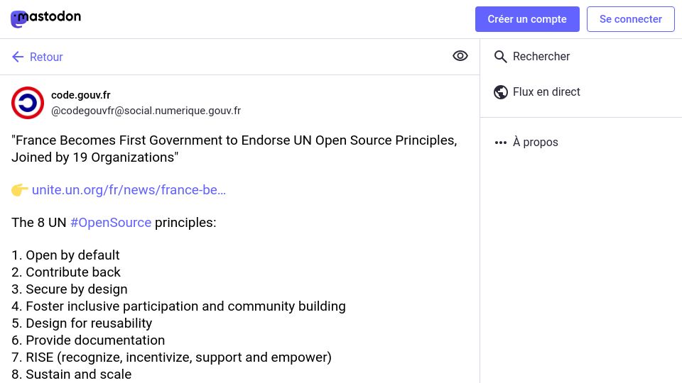 Screenshot of social.numerique.gouv.fr: France Endorses UN Open Source Principles