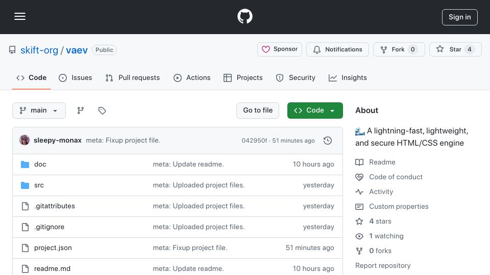 Screenshot of github.com: Show HN: Vaev – A browser engine built from scratch (It renders google.com)