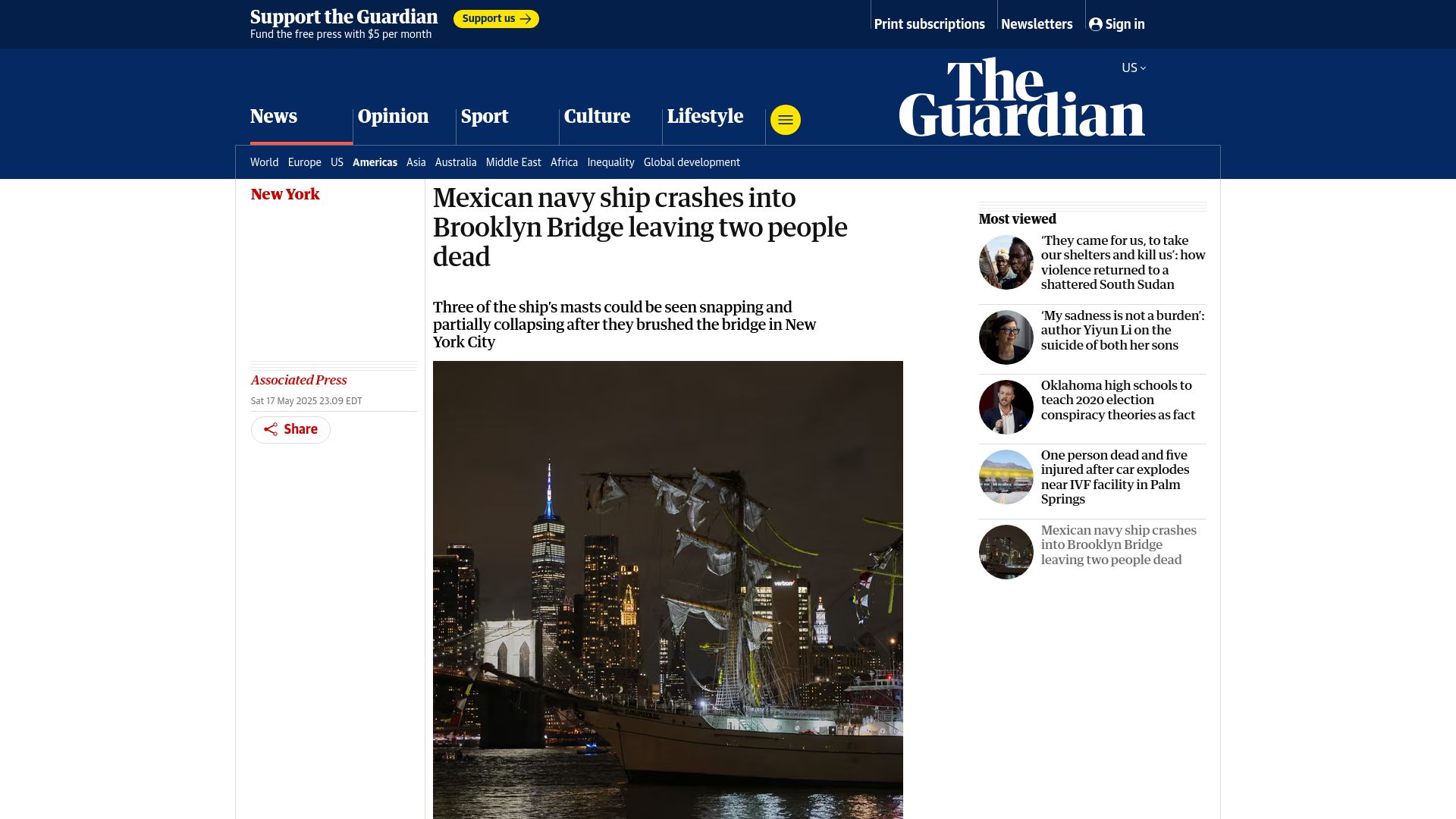 Screenshot of theguardian.com: Mexican Navy ship crashes into Brooklyn Bridge leaving two people dead