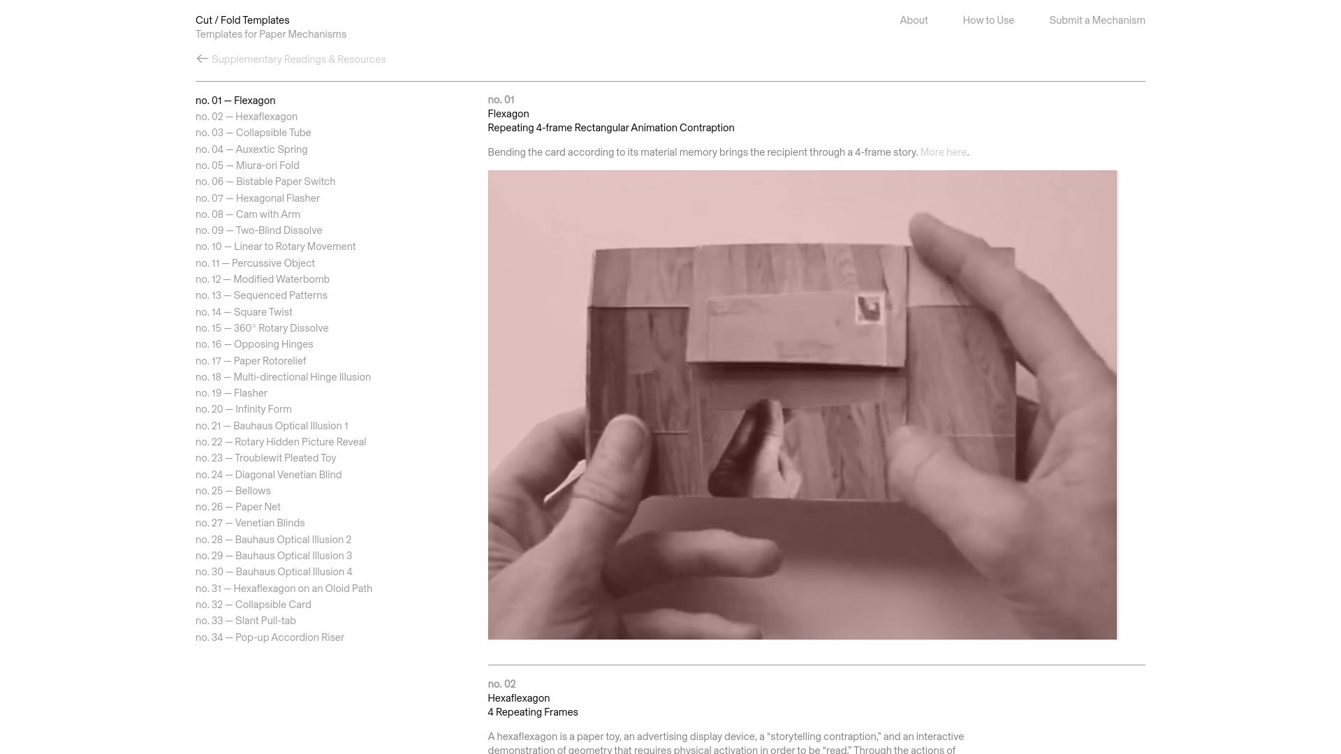 Screenshot of cutfoldtemplates.com: Paper Mechanisms