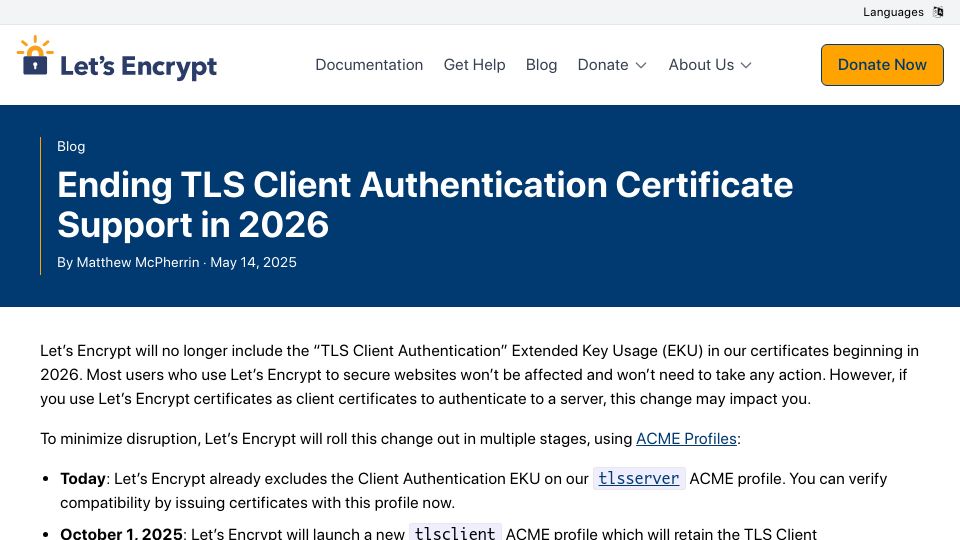 Screenshot of letsencrypt.org: Ending TLS Client Authentication Certificate Support in 2026