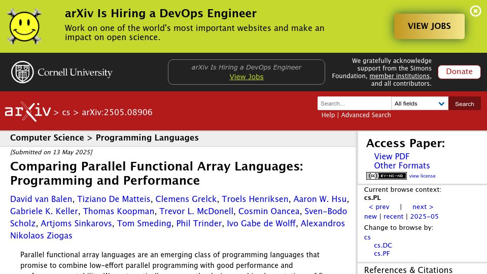 Screenshot of arxiv.org: Comparing Parallel Functional Array Languages: Programming and Performance