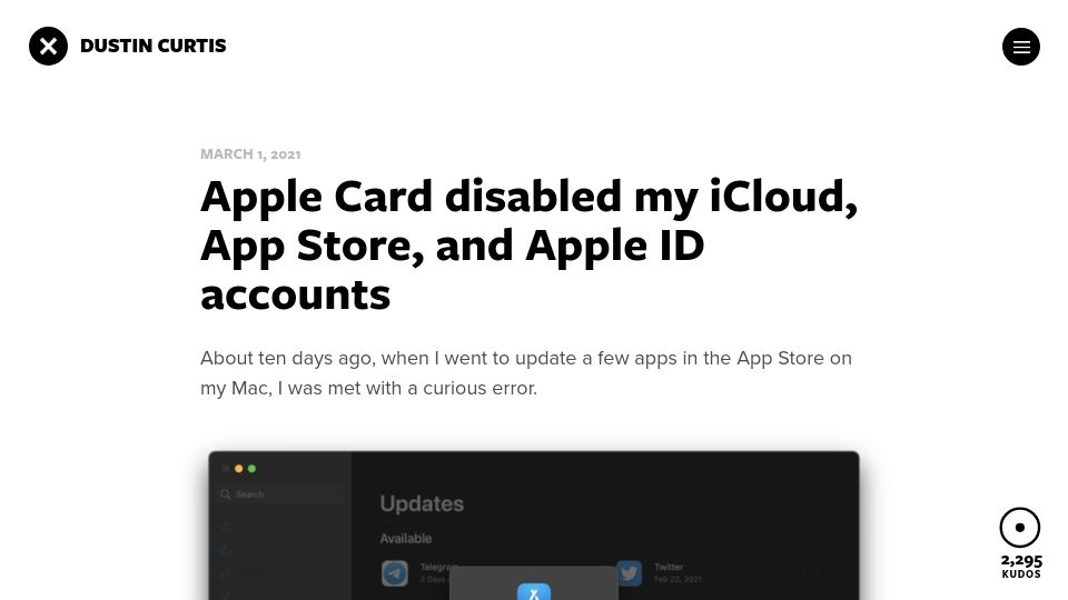 Screenshot of dcurt.is: Apple Card Disabled My iCloud, App Store, and Apple ID Accounts (2021)