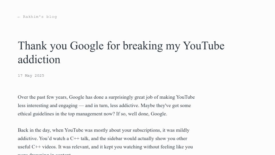 Screenshot of rakhim.exotext.com: Thank you Google for breaking my YouTube addiction