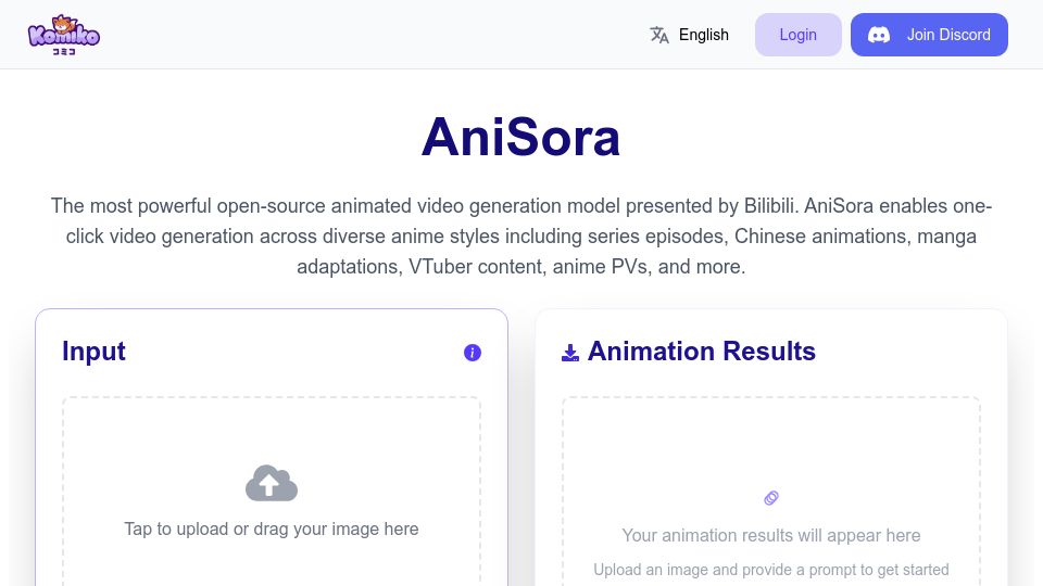 Screenshot of komiko.app: AniSora: Open-source anime video generation model