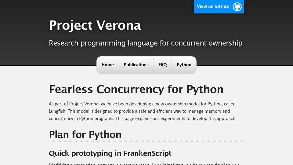 Screenshot of microsoft.github.io: Project Verona: Fearless Concurrency for Python
