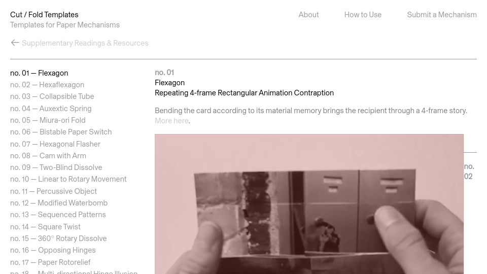 Screenshot of cutfoldtemplates.com: Paper Mechanisms