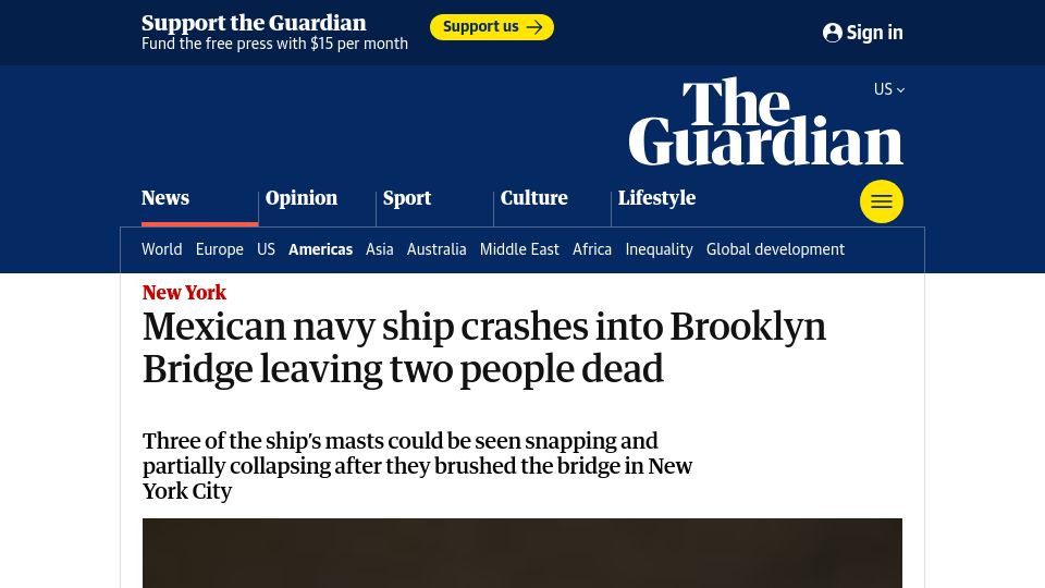 Screenshot of theguardian.com: Mexican Navy ship crashes into Brooklyn Bridge leaving two people dead