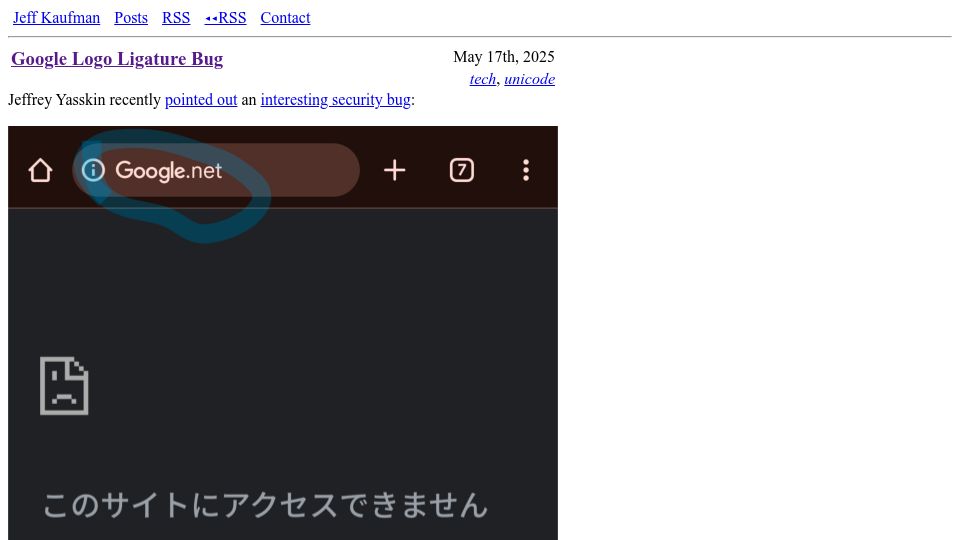 Screenshot of jefftk.com: Google Logo Ligature Bug