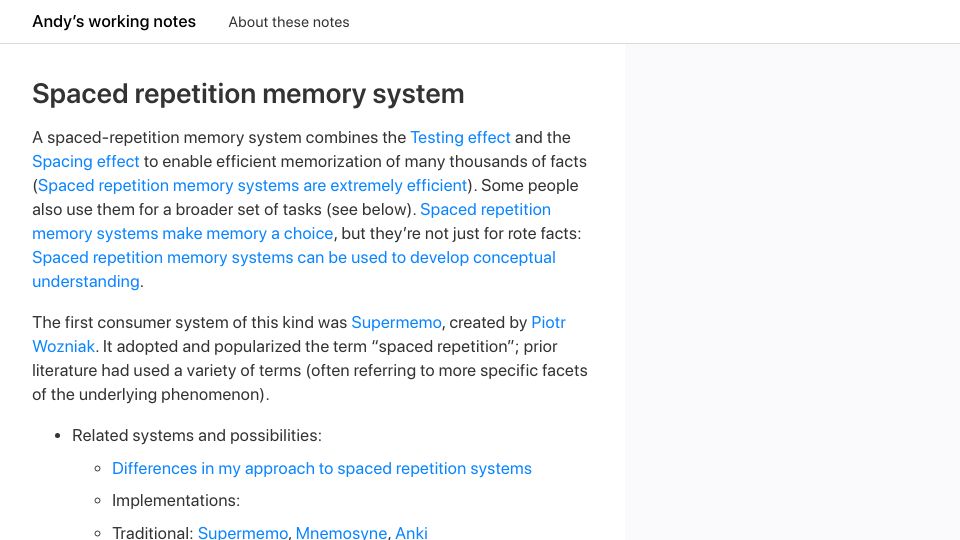 Screenshot of notes.andymatuschak.org: Spaced repetition memory system (2024)