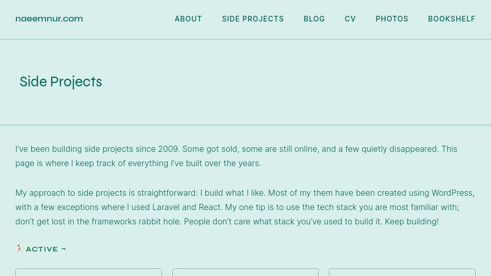 Screenshot of naeemnur.com: Side projects I've built since 2009