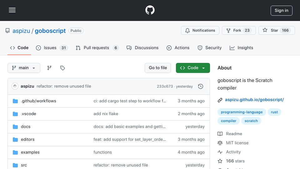 Screenshot of github.com: Show HN: Goboscript, text-based programming language, compiles to Scratch