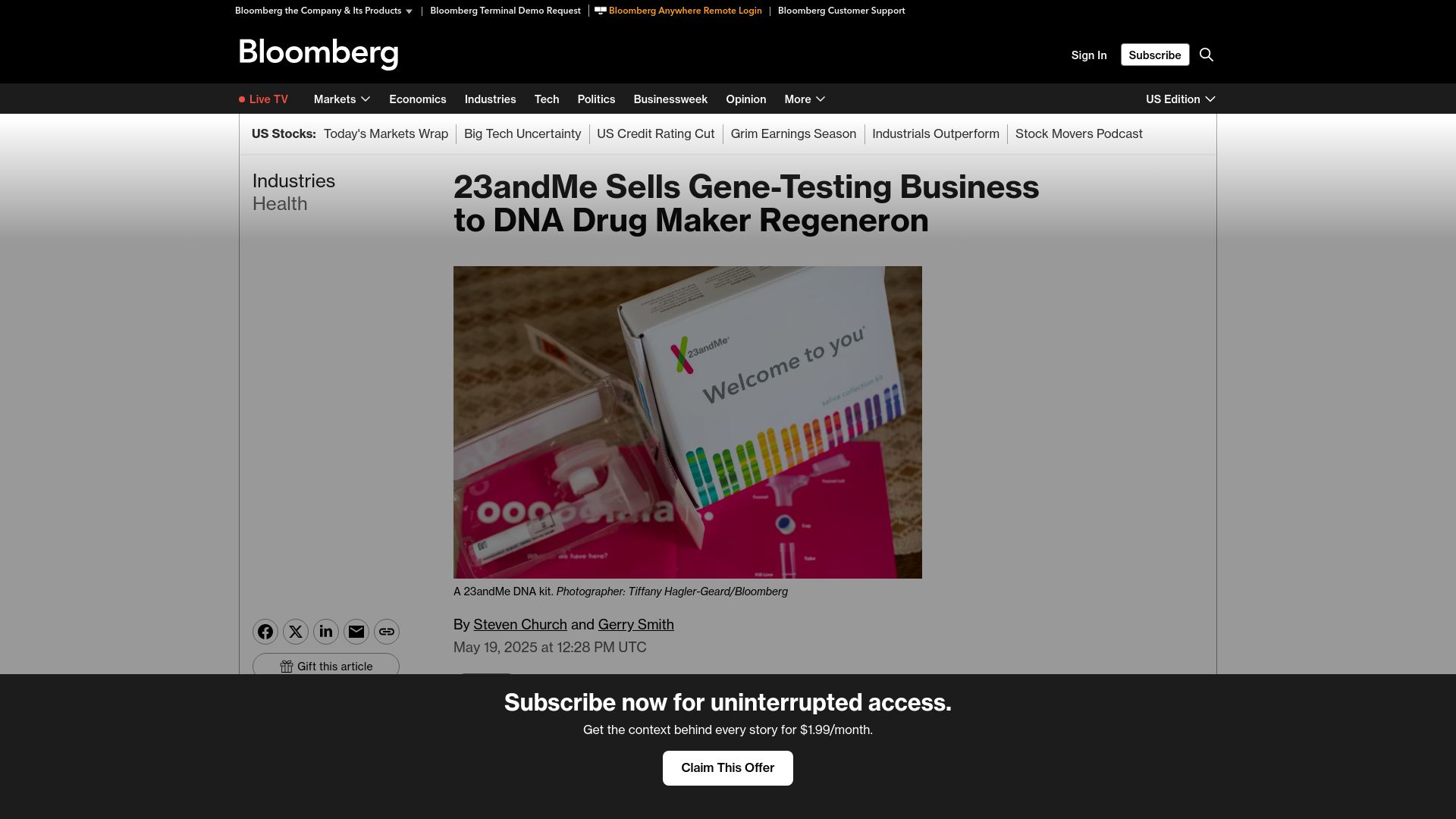 Screenshot of bloomberg.com: 23andMe Sells Gene-Testing Business to DNA Drug Maker Regeneron