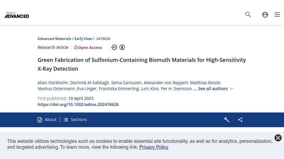 Screenshot of advanced.onlinelibrary.wiley.com: Green Fabrication of Sulfonium-Containing Bismuth Materials for X-Ray Detection