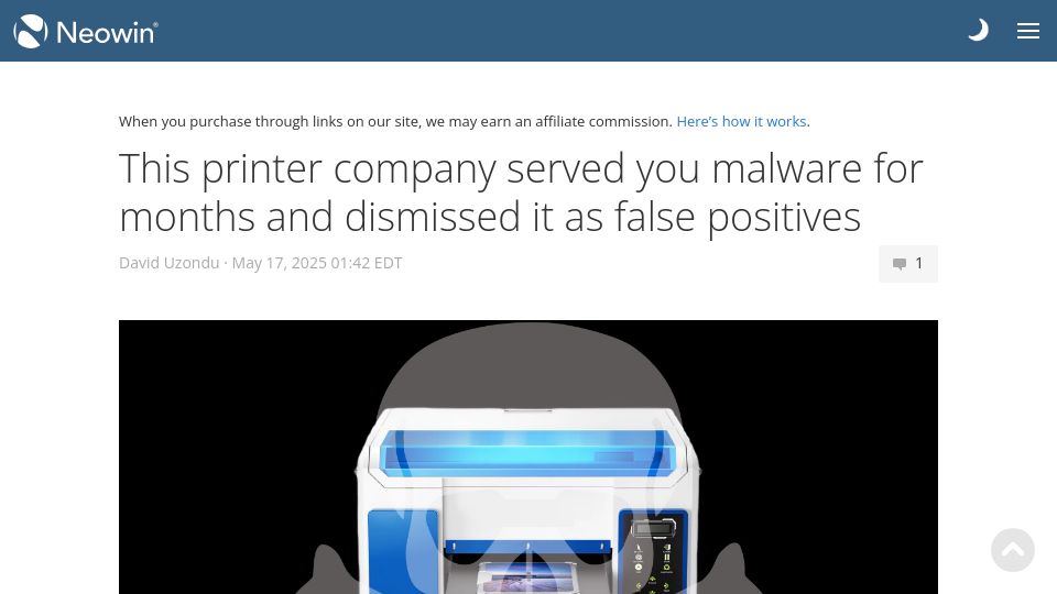 Screenshot of neowin.net: Procolored printer drivers contained malware