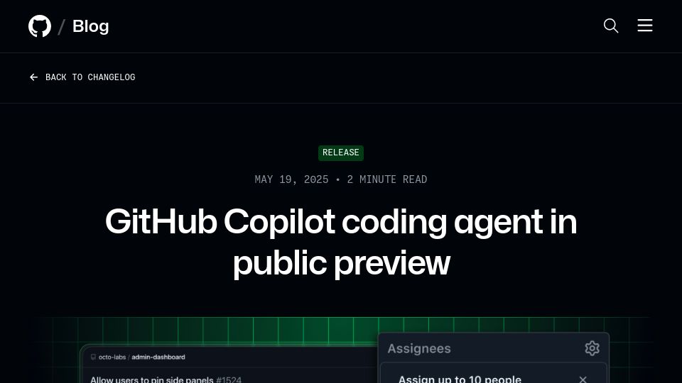 Screenshot of github.blog: GitHub Copilot Coding Agent