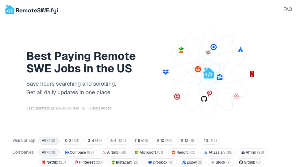 Screenshot of remoteswe.fyi: Show HN: Job board aggregator for best paying remote SWE jobs in the U.S.