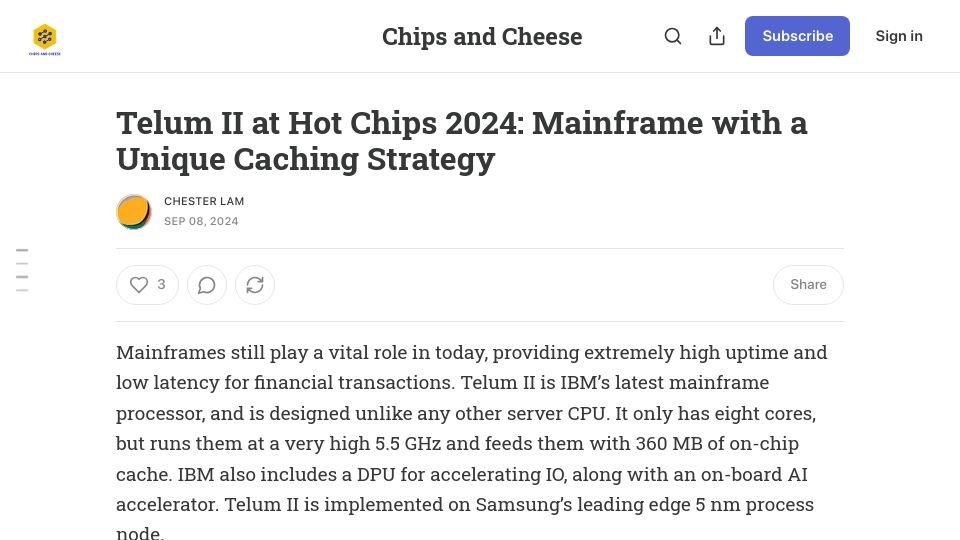Screenshot of chipsandcheese.com: Telum II at Hot Chips 2024: Mainframe with a Unique Caching Strategy