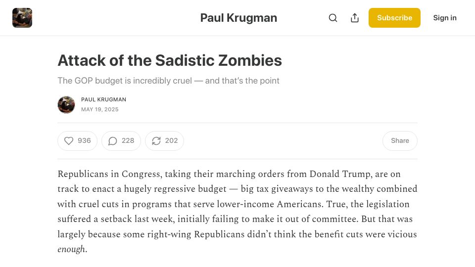 Screenshot of paulkrugman.substack.com: Attack of the Sadistic Zombies – Paul Krugman
