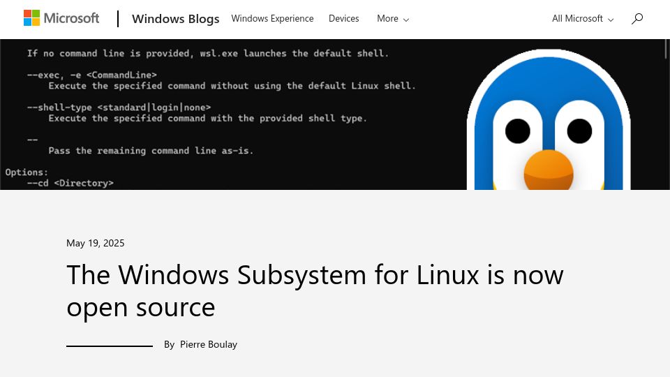 Screenshot of blogs.windows.com: The Windows Subsystem for Linux is now open source