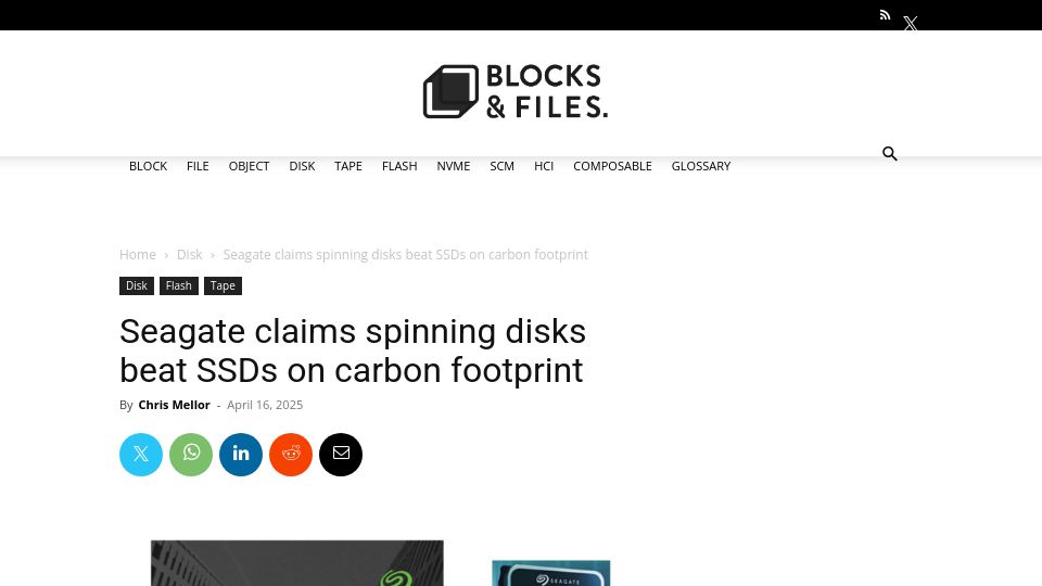 Screenshot of blocksandfiles.com: Seagate claims spinning disks beat SSDs on carbon footprint