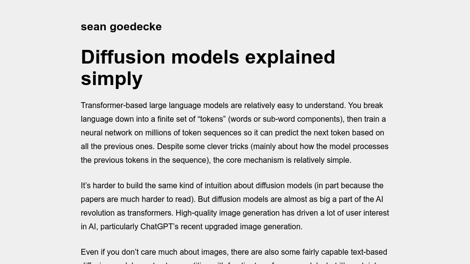 Screenshot of seangoedecke.com: Diffusion models explained simply