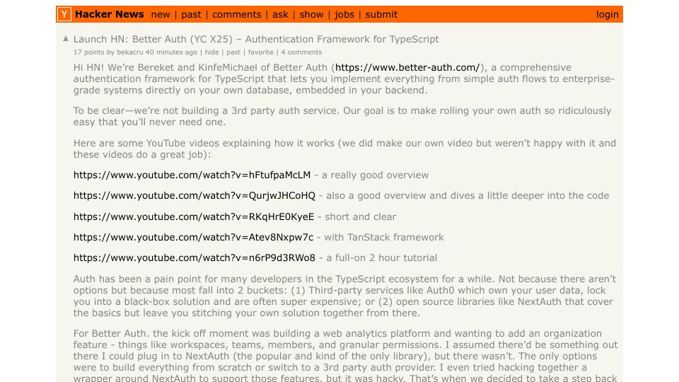 Screenshot of Hacker News post: Launch HN: Better Auth (YC X25) – Authentication Framework for TypeScript
