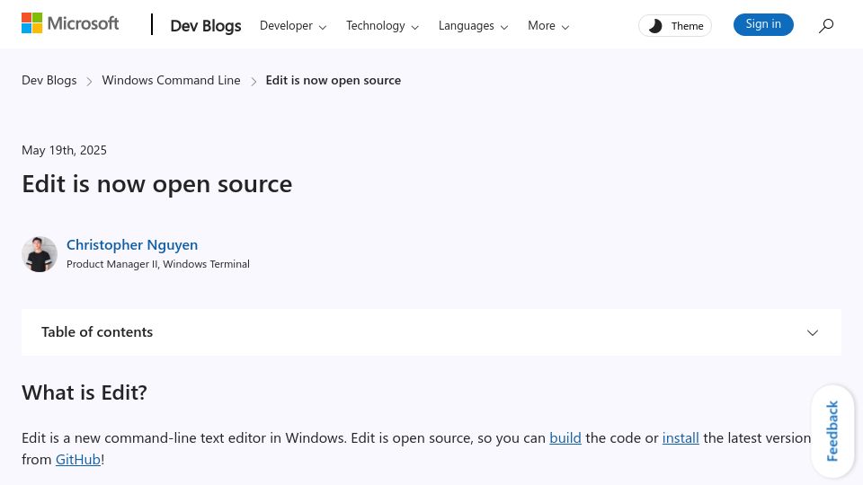 Screenshot of devblogs.microsoft.com: Edit is now open source