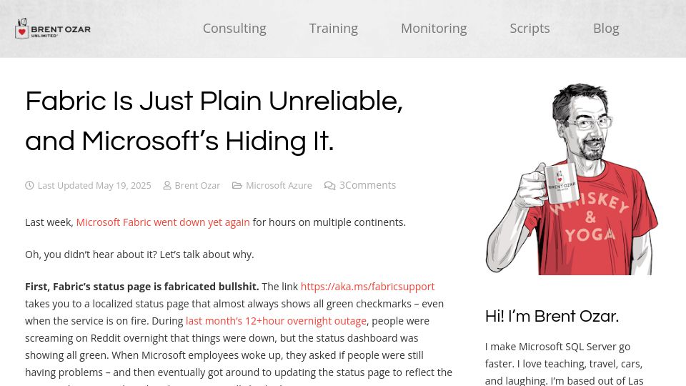 Screenshot of brentozar.com: Fabric Is Just Plain Unreliable, and Microsoft's Hiding It