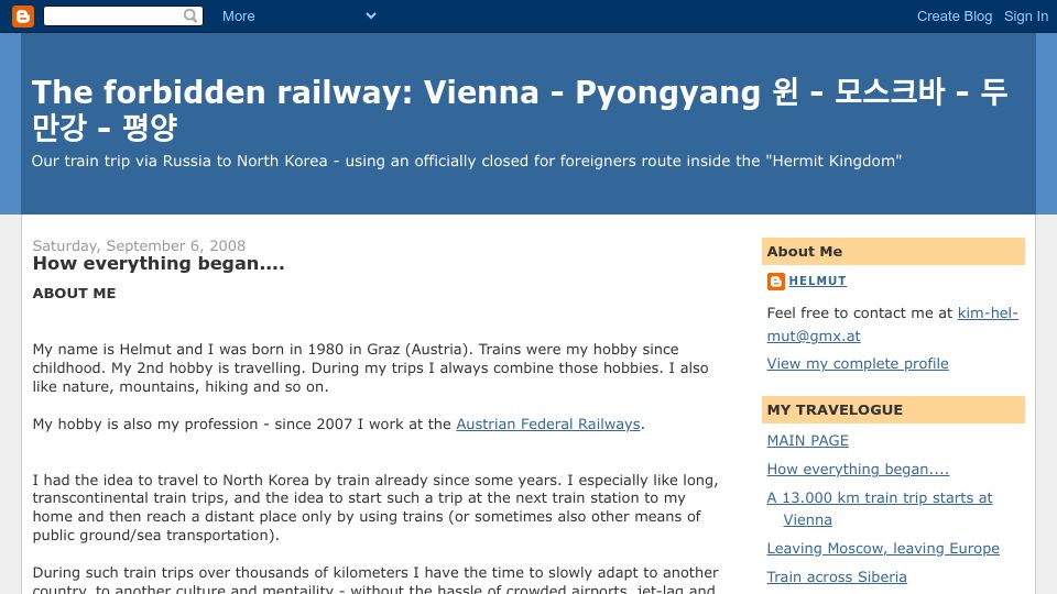 Screenshot of vienna-pyongyang.blogspot.com: The forbidden railway: Vienna-Pyongyang (2008)