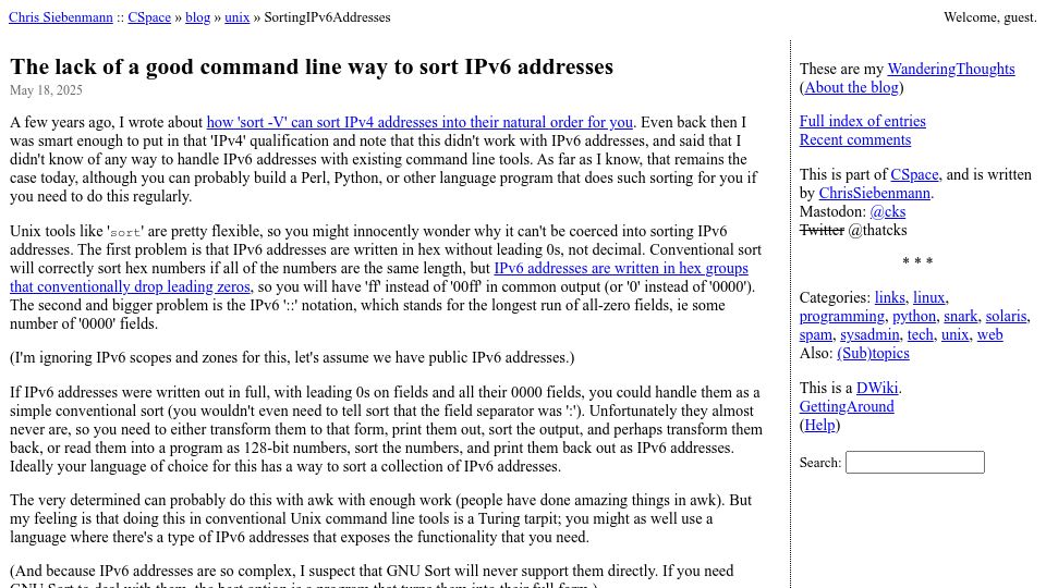 Screenshot of utcc.utoronto.ca: The lack of a good command line way to sort IPv6 addresses
