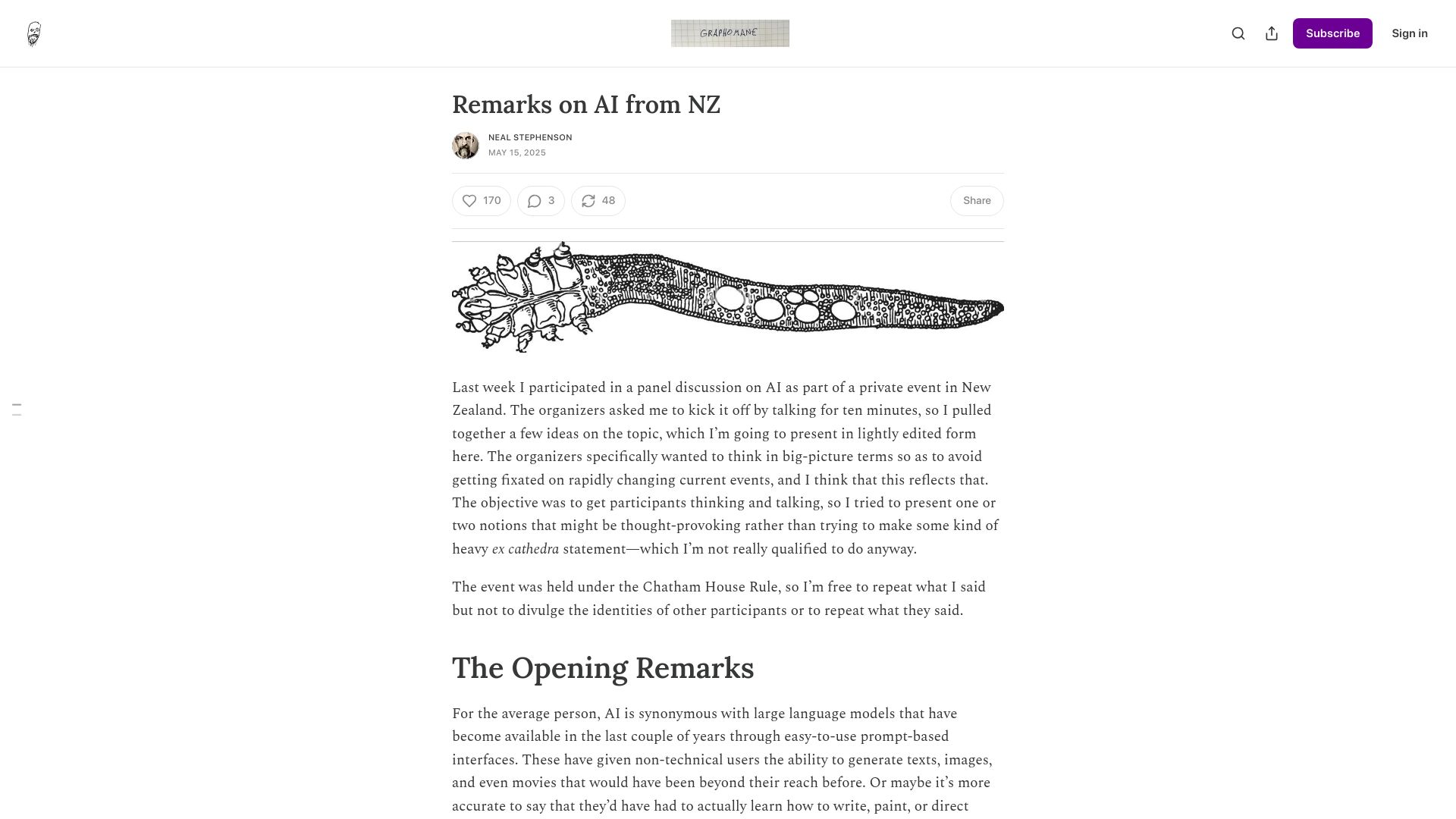 Screenshot of nealstephenson.substack.com: Remarks on AI from NZ