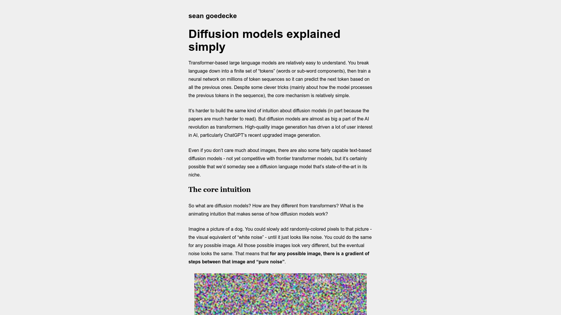 Screenshot of seangoedecke.com: Diffusion models explained simply