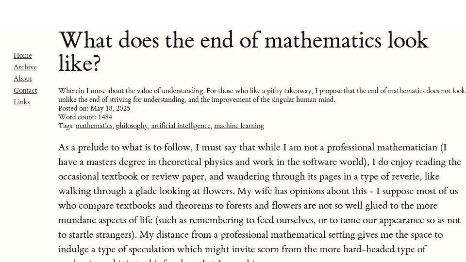 Screenshot of awanderingmind.blog: What does the end of mathematics look like?