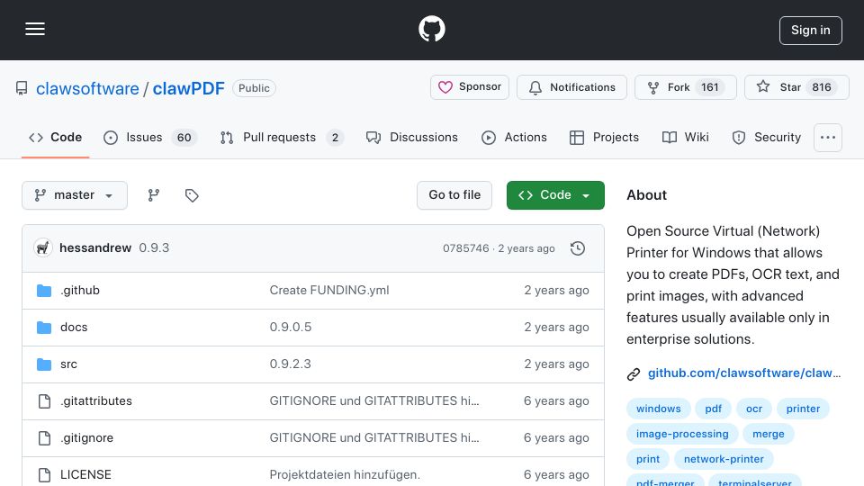 Screenshot of github.com: ClawPDF – Open-Source Virtual/Network PDF Printer with OCR and Image Support