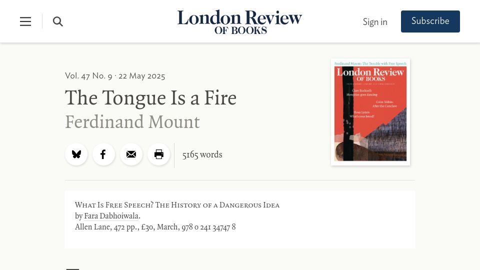 Screenshot of lrb.co.uk: The Tongue Is a Fire