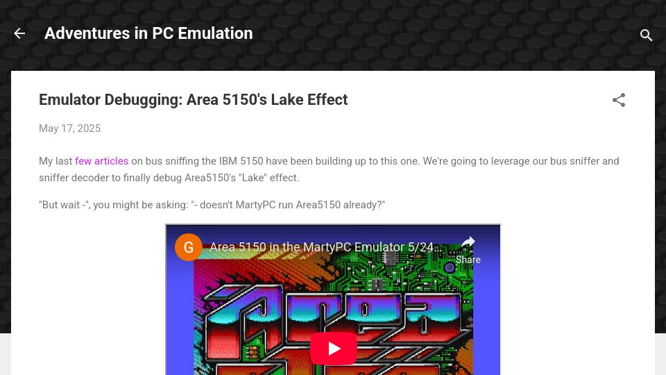 Screenshot of martypc.blogspot.com: Emulator Debugging: Area 5150's Lake Effect