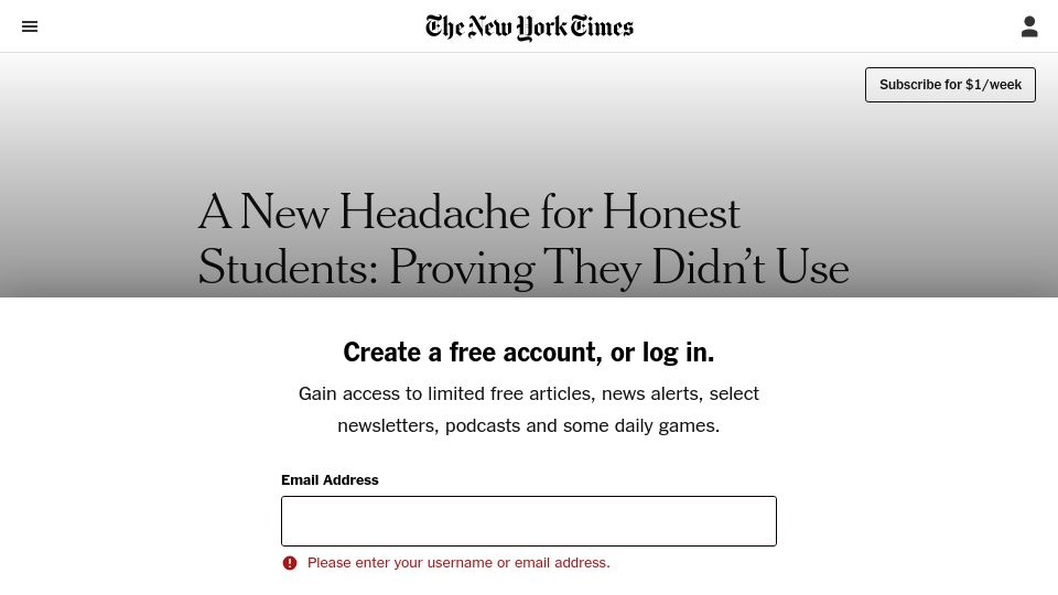 Screenshot of nytimes.com: A New Headache for Honest Students: Proving They Didn't Use A.I