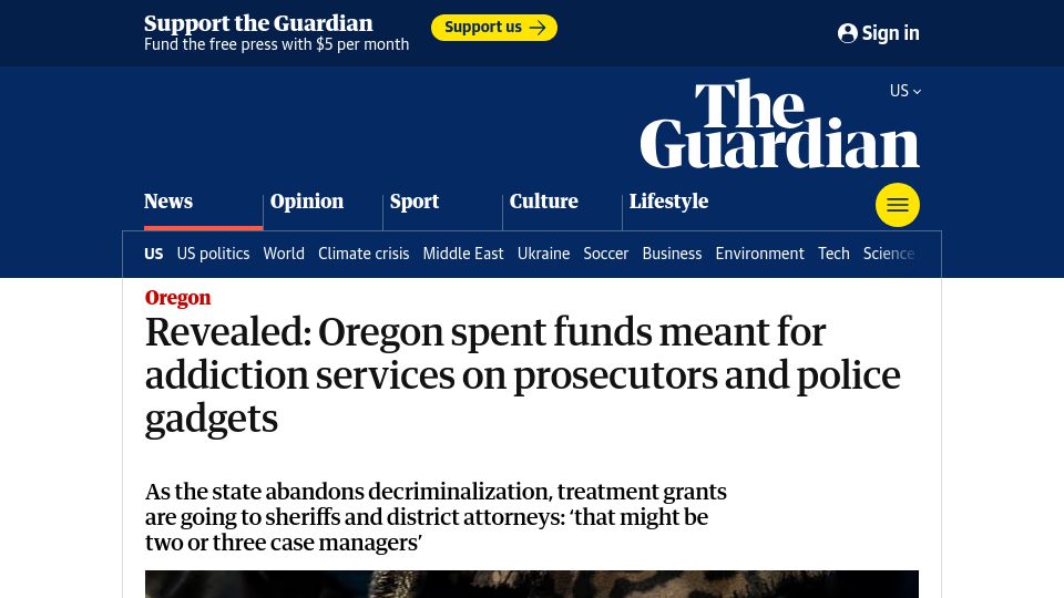 Screenshot of theguardian.com: Oregon spent funds meant for addiction services on prosecutors, police gadgets
