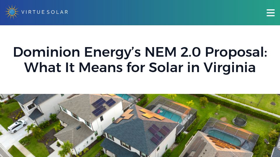 Screenshot of virtuesolar.com: Dominion Energy's NEM 2.0 Proposal: What It Means for Solar in Virginia