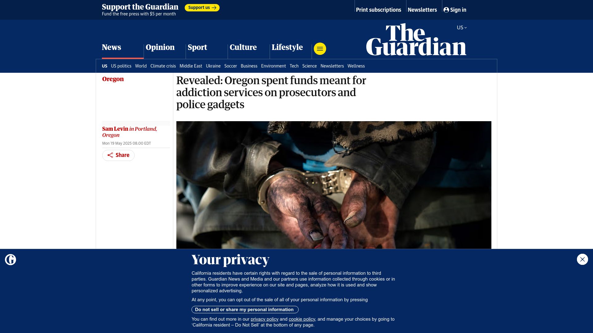 Screenshot of theguardian.com: Oregon spent funds meant for addiction services on prosecutors, police gadgets