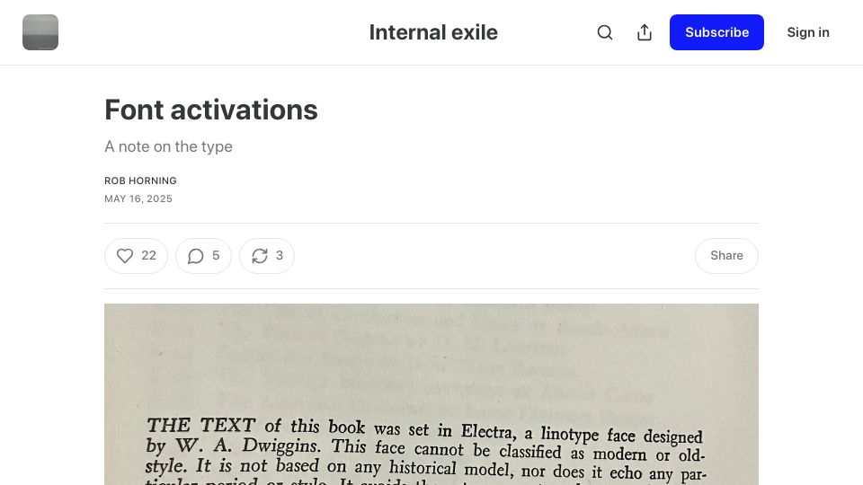 Screenshot of robhorning.substack.com: Font Activations: A Note on the Type