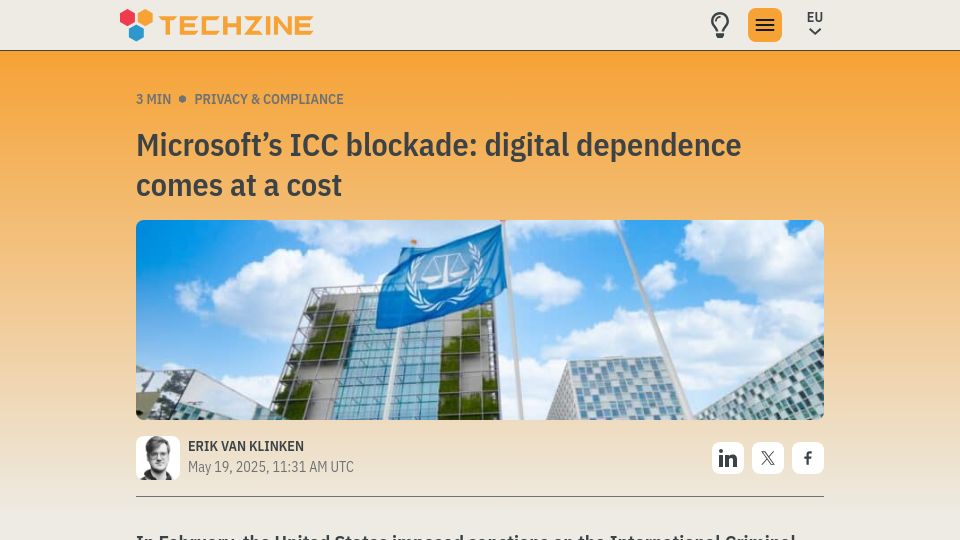 Screenshot of techzine.eu: Microsoft's ICC blockade: digital dependence comes at a cost