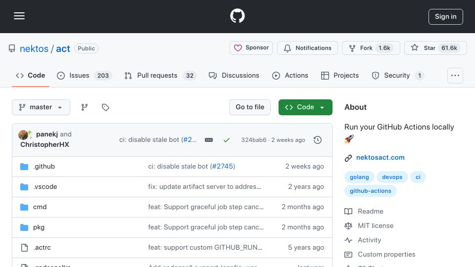 Screenshot of github.com: Run GitHub Actions locally