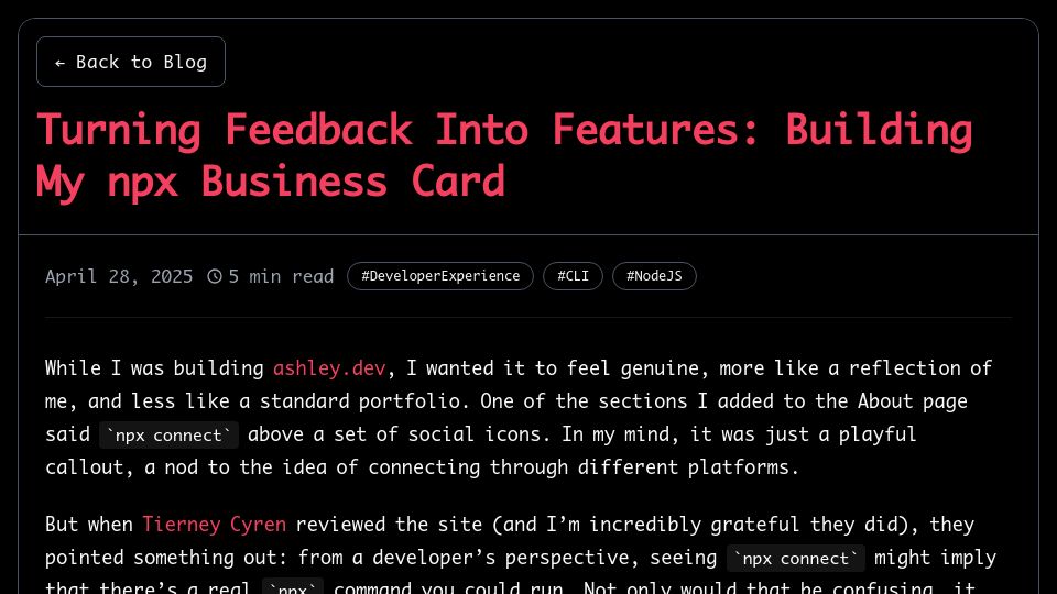 Screenshot of ashley.dev: Building my npx business card
