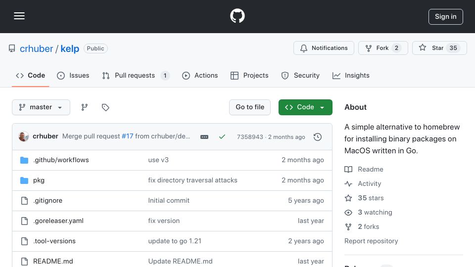Screenshot of github.com: Kelp – simple replacement for homebrew on macOS