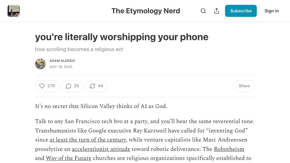Screenshot of etymology.substack.com: How scrolling becomes a religious act