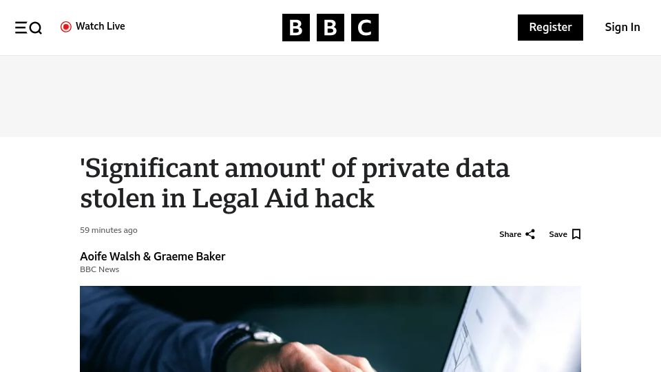 Screenshot of bbc.co.uk: 'Significant amount' of private data stolen in UK Legal Aid hack