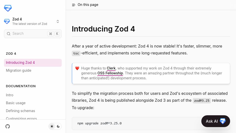 Screenshot of zod.dev: Zod 4
