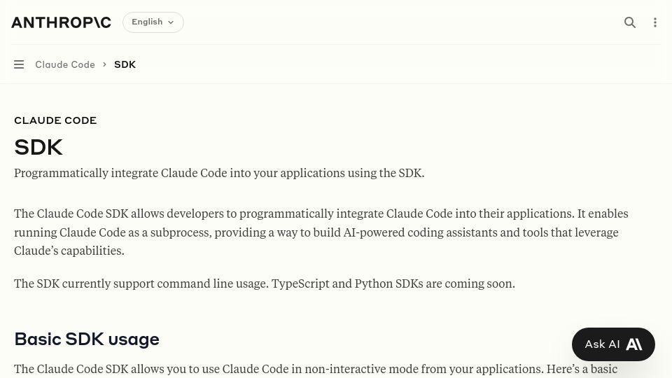 Screenshot of docs.anthropic.com: Claude Code SDK